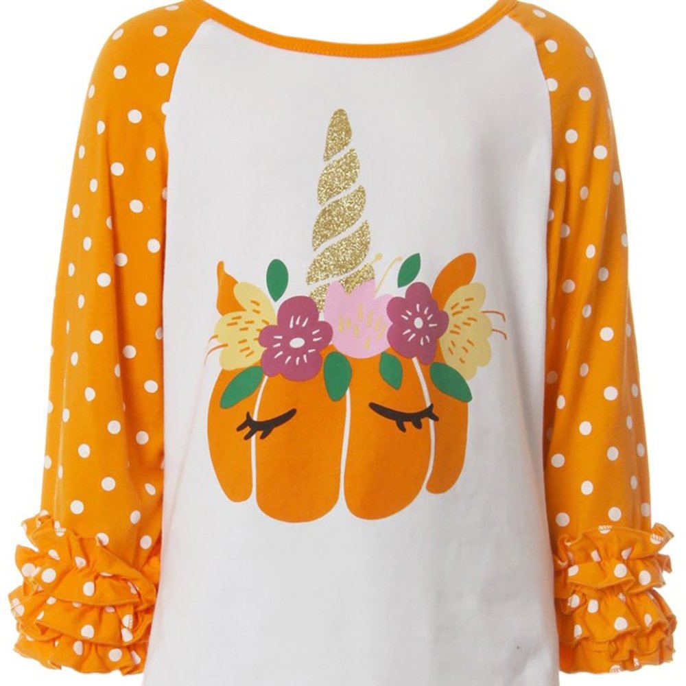 Little Girls Kids Unicorn Halloween Pumpkin Raglan Ruffle Shirt Top Tee Blouse